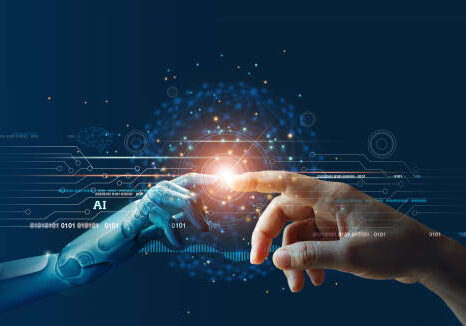 AI, Machine learning, Hands of robot and human touching on big data network connection background, Science and artificial intelligence technology, innovation and futuristic.