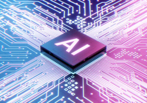 AI microprocessor on motherboard computer circuit, Artificial intelligence integrated inside Central Processors Unit or CPU chip, 3d rendering futuristic digital data technology concept background